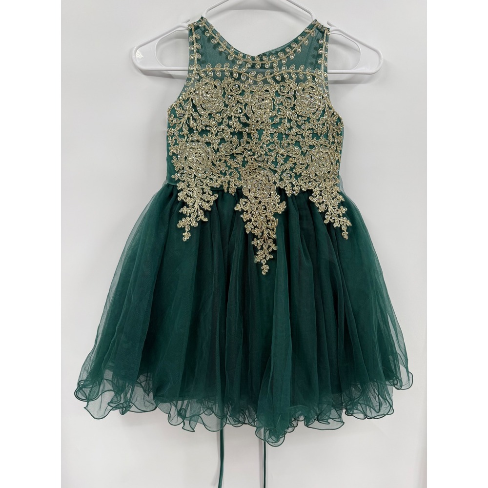 Tip Top Kids Size 6 Formal Dress Girls Green Gold Lace Rhinestone Tulle 7013